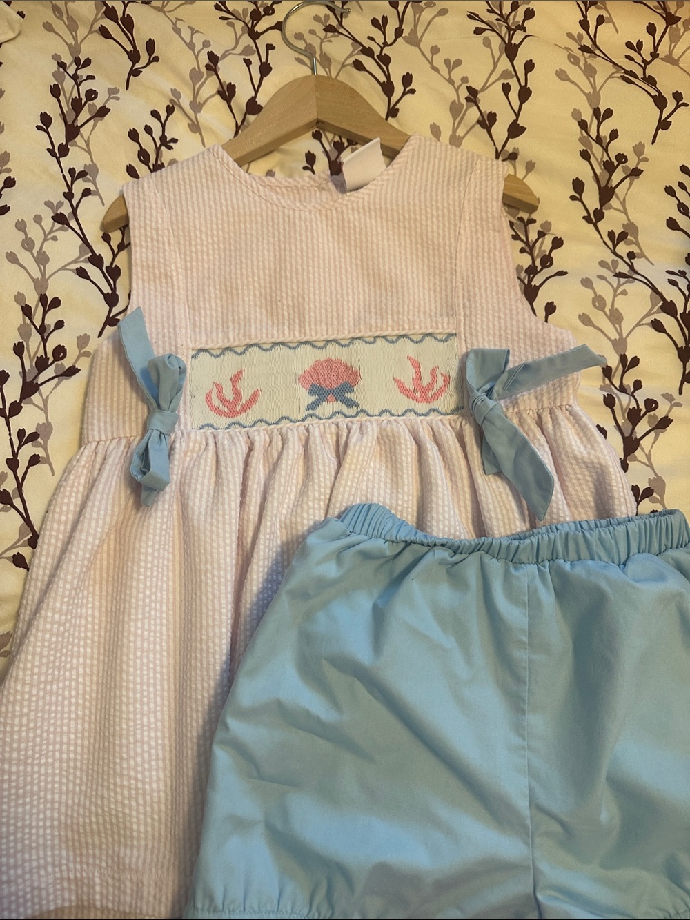 Children's Pink Seersucker Matching Set with Blue Accents